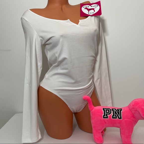 Victoria’s Secret PINK XS M L Logo Bodysuit Long Sleeve Super Soft Cut Out - Picture 1 of 2